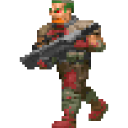 A pixelated soldier in green and brown gear holding a large weapon and marching forward.