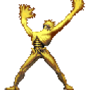 A golden skeletal figure with arms raised high in a dramatic, energetic pose.