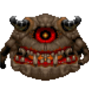 A brown, round monster with a single glowing red eye and a wide, toothy mouth.