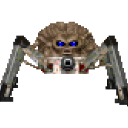 A brown creature head with glowing blue eyes mounted on a gray robotic spider body with a central cannon.