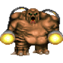 A bulky brown monster with glowing yellow arm-cannons and a menacing expression.