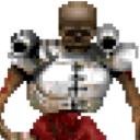A pixelated skeleton warrior wearing metallic armor and a red garment.