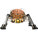 A biomechanical brain with spider legs and a golden skull emblem centered on a black background.