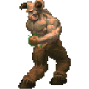 A muscular, horned monster in a combat stance with pixelated brown fur.