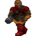 A pixelated soldier in red armor holding a large firearm.