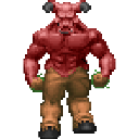 A muscular red demon with horns stands in a pixelated art style.