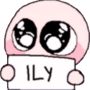 A round pink character with large, glossy eyes holds a white sign that says ILY.
