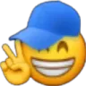 Smiley face wearing a blue baseball cap and holding up a peace sign.