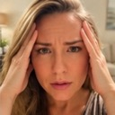 A woman looking directly at the camera with a stressed expression while holding her temples with both hands.