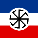 Kolovrat symbol centered on a blue, white, and red tricolor background.