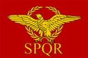 Golden eagle and laurel wreath with the letters SPQR on a red background.