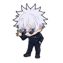 Gojo Satoru in chibi style adjusting his sunglasses with a smug expression.