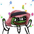 Pepe the Frog wearing a white thobe and red ghutra, smiling and celebrating with confetti.