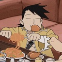 Ling Yao from Fullmetal Alchemist happily eating spaghetti and chicken with a satisfied expression.