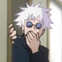Gojo Satoru covering his mouth while laughing in shock.