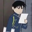 Roy Mustang from Fullmetal Alchemist looking confused while holding a piece of paper.