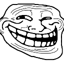Troll face with a wide, mischievous grin and squinting eyes.