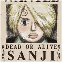 A blonde man with a swirl eyebrow drawn on a beige wanted poster with the text DEAD OR ALIVE SANJI.