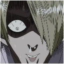 Anime character with a shadowed face, a single wide eye, and a small mouth showing intense shock.