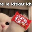 A close-up of a white cat holding a red chocolate bar wrapper towards the camera.