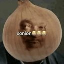 A human face blended into the surface of a brown onion with text and skull emojis overlaid.