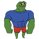 A green cartoon frog with an extremely muscular torso wearing a blue shirt and red shorts.