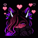 A dark-haired character with horns and purple eyes surrounded by floating pink hearts in a pixel art style.