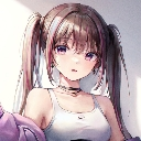 Anime girl with twin tails and a white tank top looking forward with a calm expression.