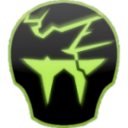 A black skull silhouette with a glowing green crack and jagged lightning-like markings.