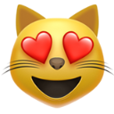 Cat face with bright red heart-shaped eyes and a wide, happy smile.