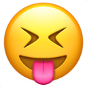 Yellow face with squinted eyes and a pink tongue sticking out.