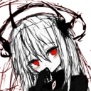 Anime girl with white hair and glowing red eyes looking mysterious.