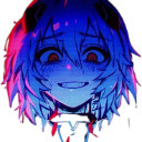 Anime girl with a dark, sinister grin and glowing red eyes.