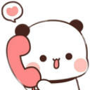 A cute white panda with black ears holding a pink telephone receiver with a small heart icon above its head.