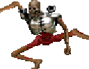 Two mirrored skeletons in silver armor and red pants dancing rhythmically.