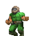 Pixelated space marine in green armor dancing with arms raised.