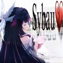 Anime girl with long dark hair standing next to a broken heart icon and the text Sybau.
