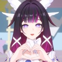 Anime girl with purple hair making a heart shape with her hands.