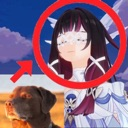 An anime character with a confused expression highlighted by a red circle next to a brown dog.