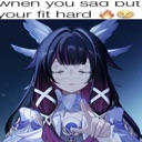 Anime girl with a deadpan expression and long dark hair posing with her fingers.