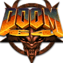 Doom 64 logo with orange metallic text over a demonic face and circular frame.