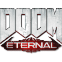 Doom Eternal logo with weathered white text above a red metallic banner.