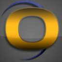 A metallic golden letter O centered on a dark gray background with a blue curved accent.