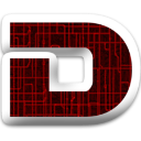 Letter D with a red circuit board texture and a thick metallic white border.