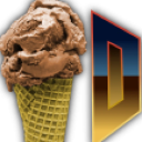 Chocolate ice cream in a waffle cone positioned next to a large, metallic golden letter D on a black background.