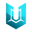 Letter U rendered in a glowing cyan blue with a metallic finish.
