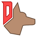Brown dog profile facing right with a large red letter D behind its head.