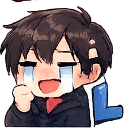 Anime boy with dark hair crying tears of joy while laughing with a wide smile.