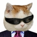 A cat wearing dark sunglasses and a suit with a purple tie.
