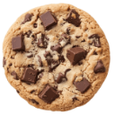 A round chocolate chip cookie with visible chunks of dark chocolate.